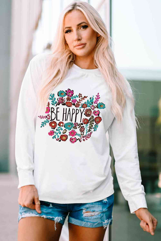 Simply Love BE HAPPY Graphic Round Neck Tee