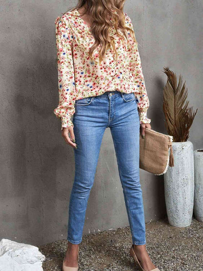 Floral Frill Trim V-Neck Flounce Sleeve Blouse