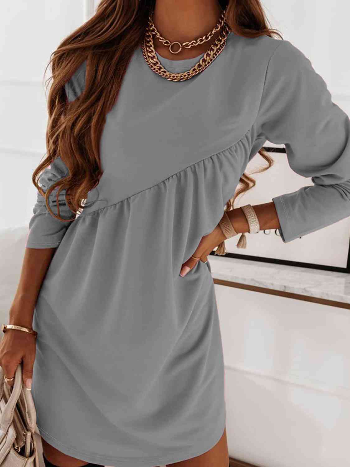 Ruched Round Neck Long Sleeve Dress