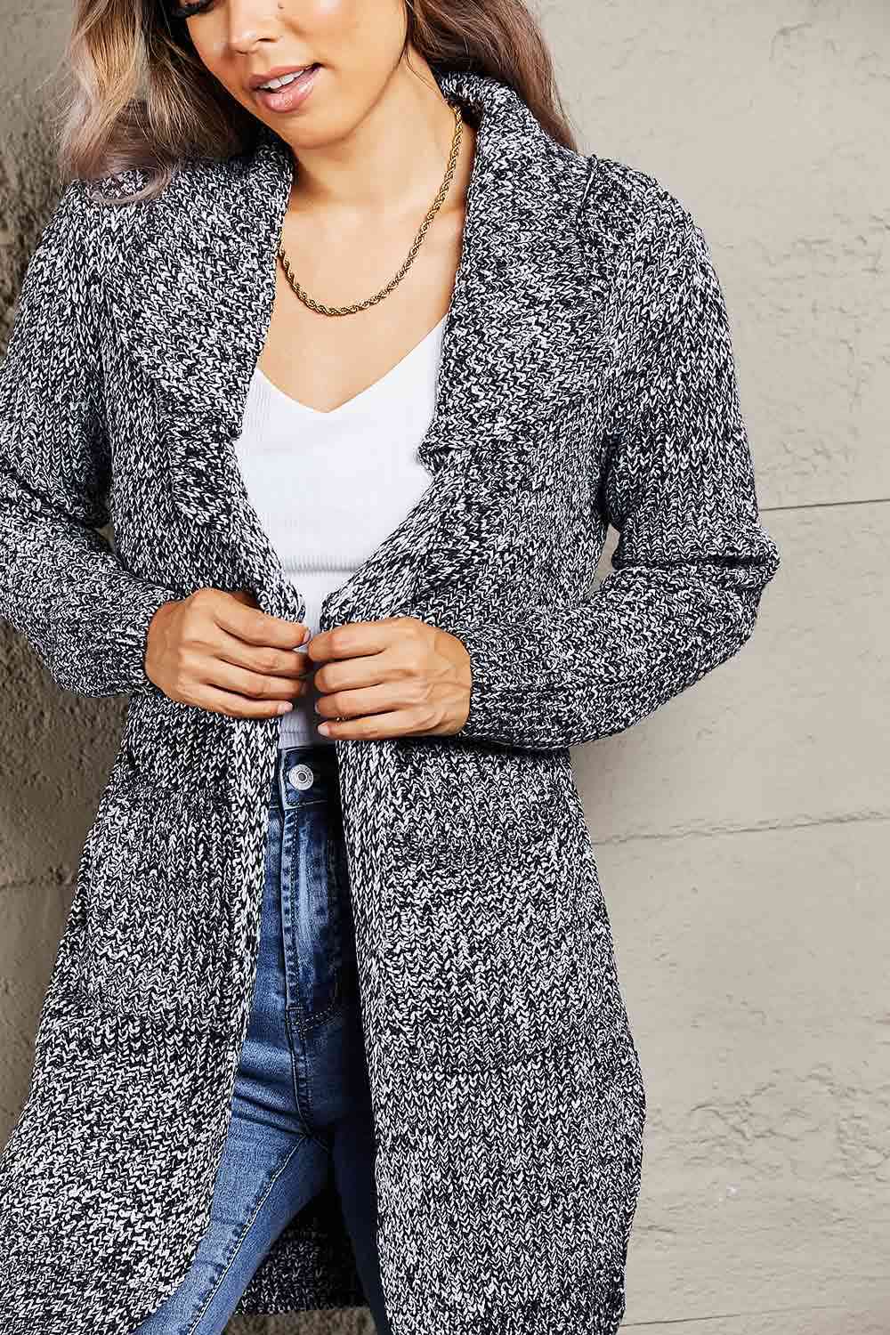 Woven Right Heathered Open Front Longline Cardigan with Pockets