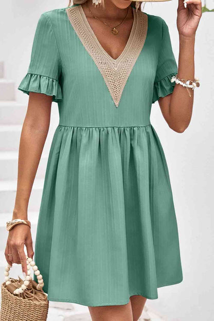 V-Neck Flounce Sleeve A-Line Dress