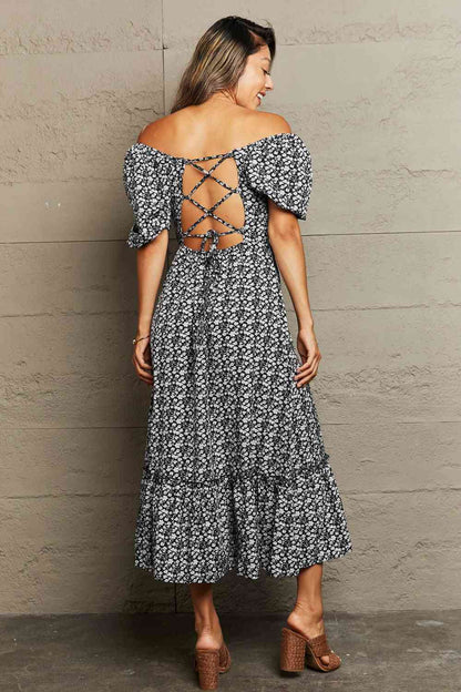 Floral Lace-Up Off-Shoulder Midi Dress