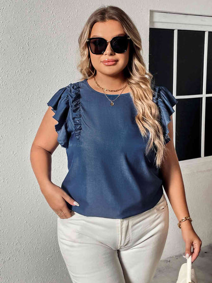 Blusa con ribete de volante y manga con volante y cuello redondo de talla grande