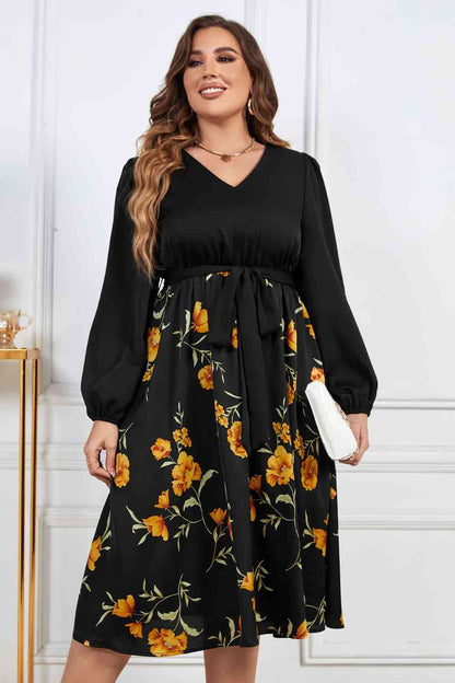 Melo Apparel Robe mi-longue à imprimé floral et ceinture à nouer, grande taille, col en V, manches ballon