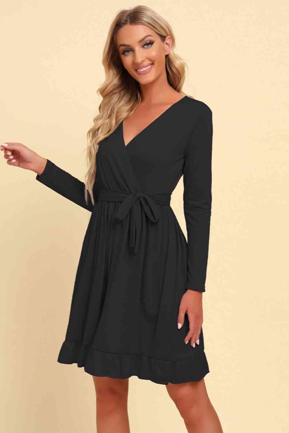 Long Sleeve Tie Waist Ruffle Hem Dress