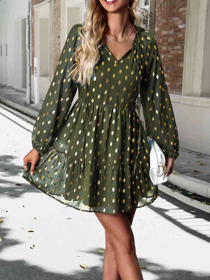 Tie Neck Long Sleeve Polka Dot Dress