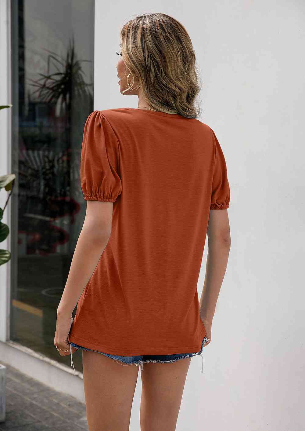 V-Neck Decorative Buttons Puff Sleeve Tee