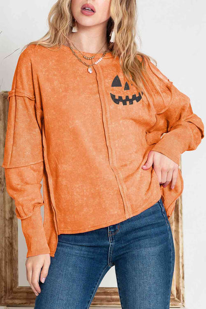 Blouse graphique Jack-O'-Lantern à manches longues et col rond