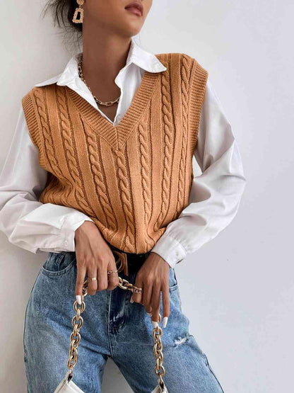 Gilet pull sans manches à col en V en tricot torsadé