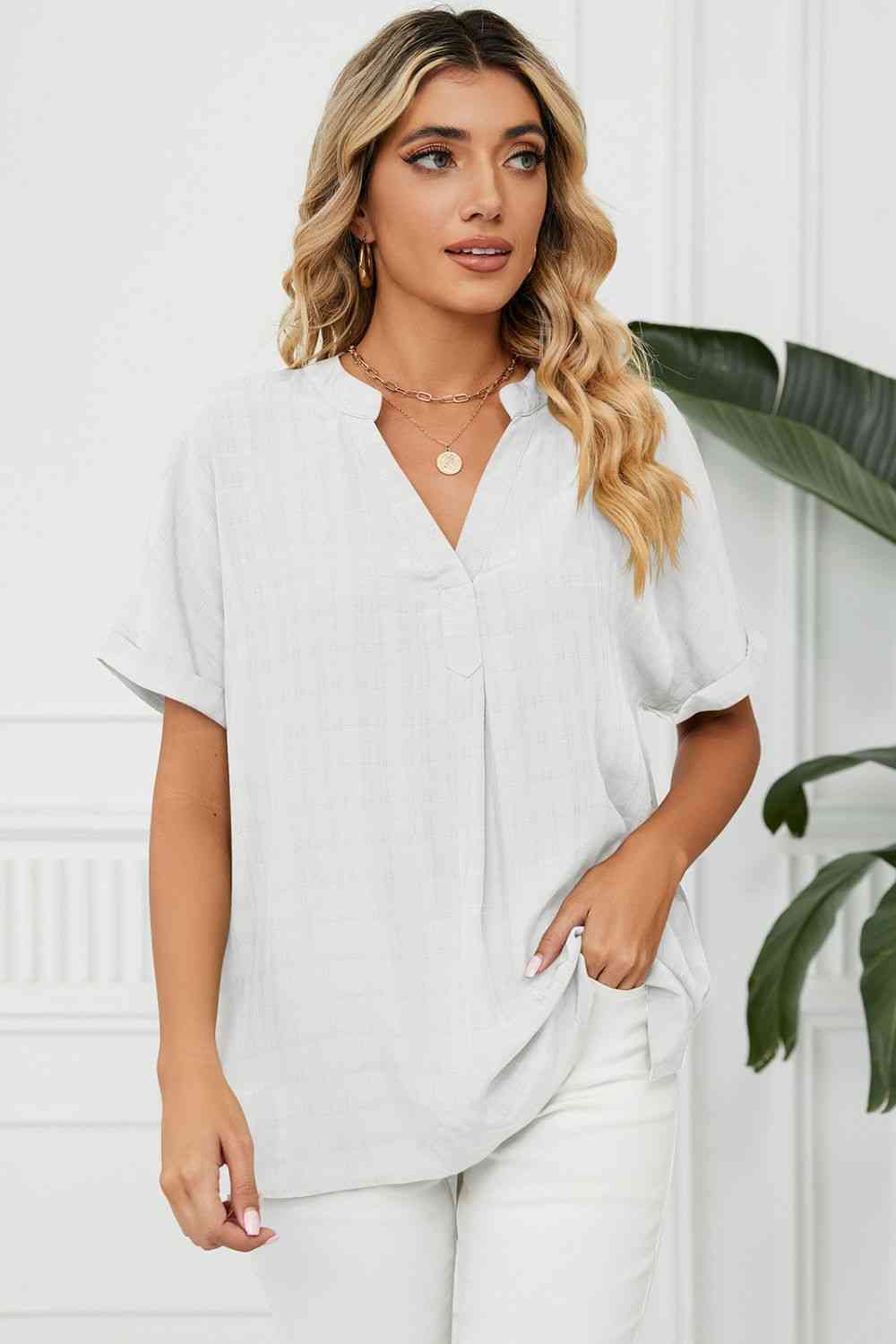 Side Slit Notched Neck Cuffed Short Sleeve Blouse