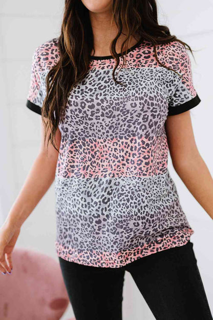 Leopard Color Block Round Neck Tee