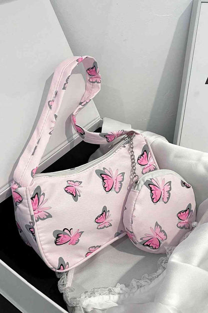 Bolso de hombro con estampado de mariposas y monedero