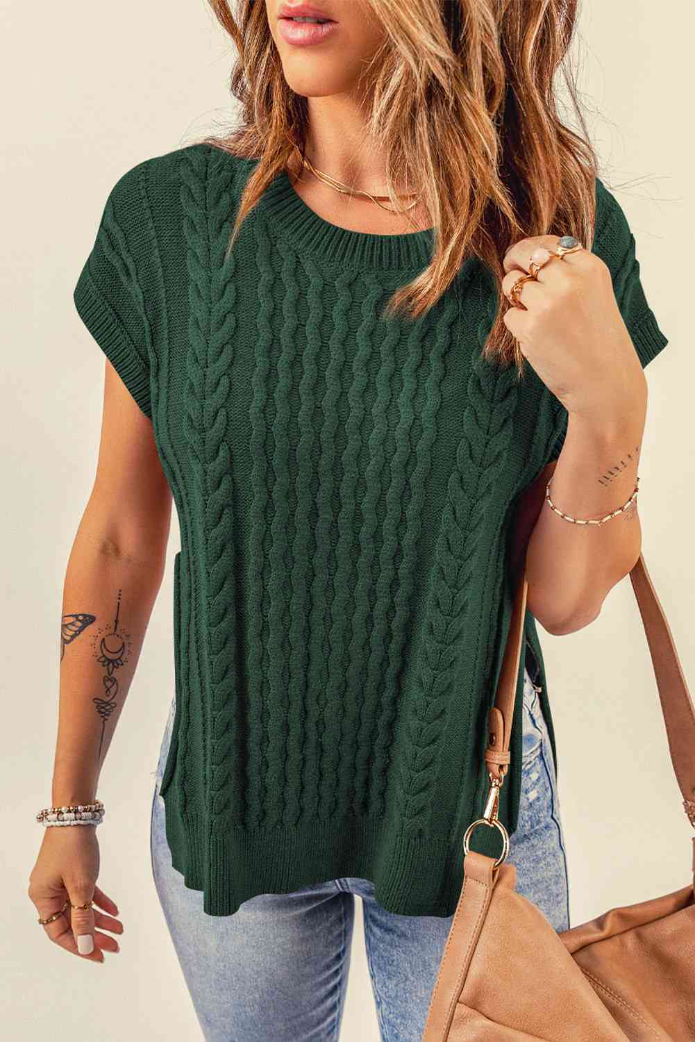 Cable-Knit Side Slit Sweater Vest