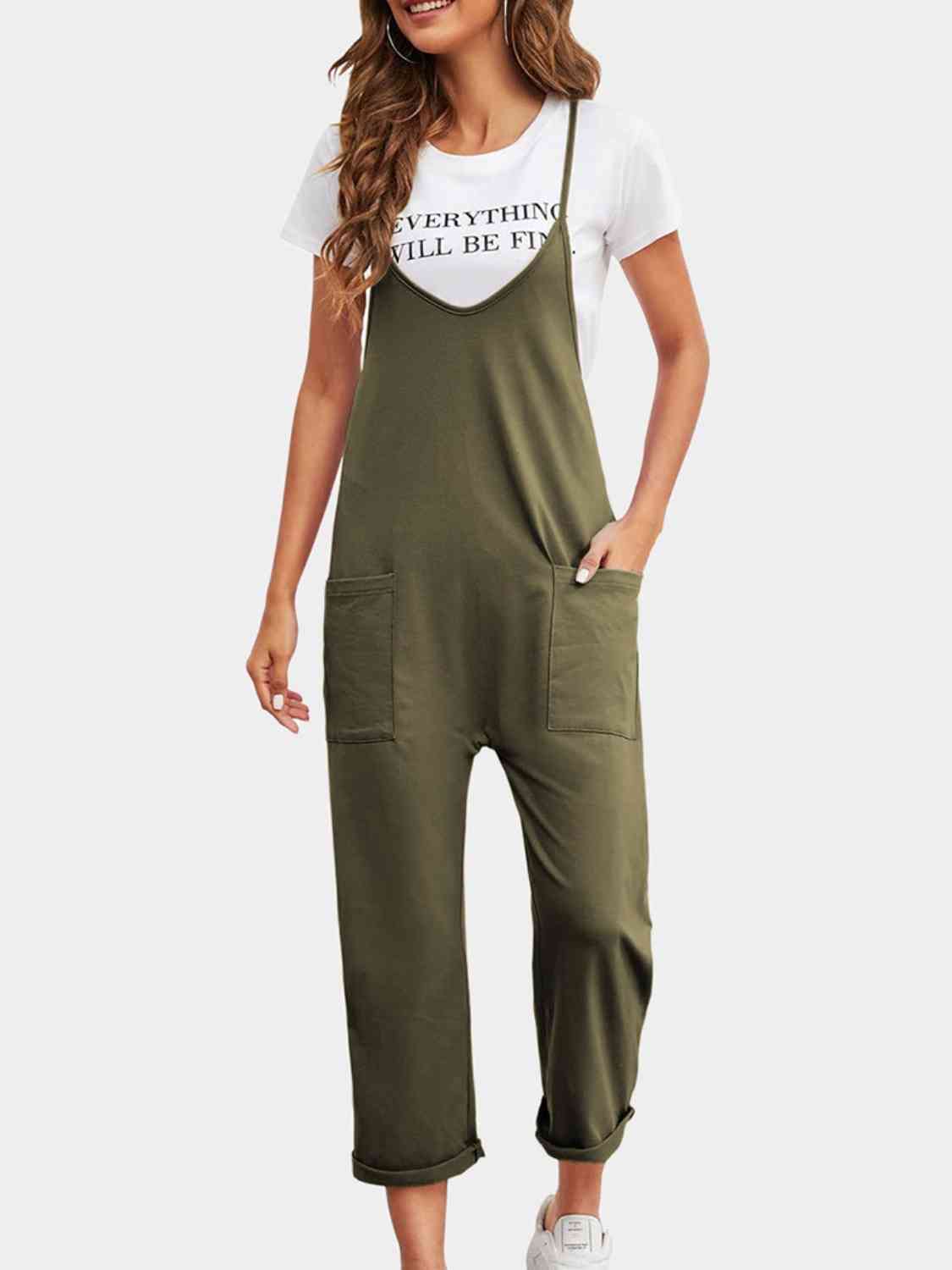 Full Size Spaghetti Strap Straight Leg Jumpsuit with Pockets