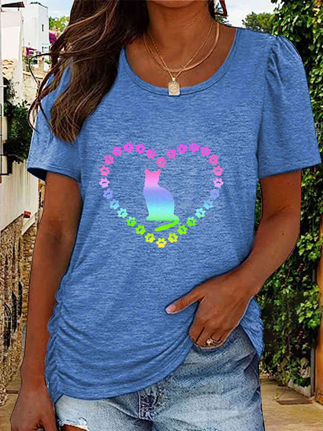 Full Size Cat Heart Graphic Short Sleeve T-Shirt