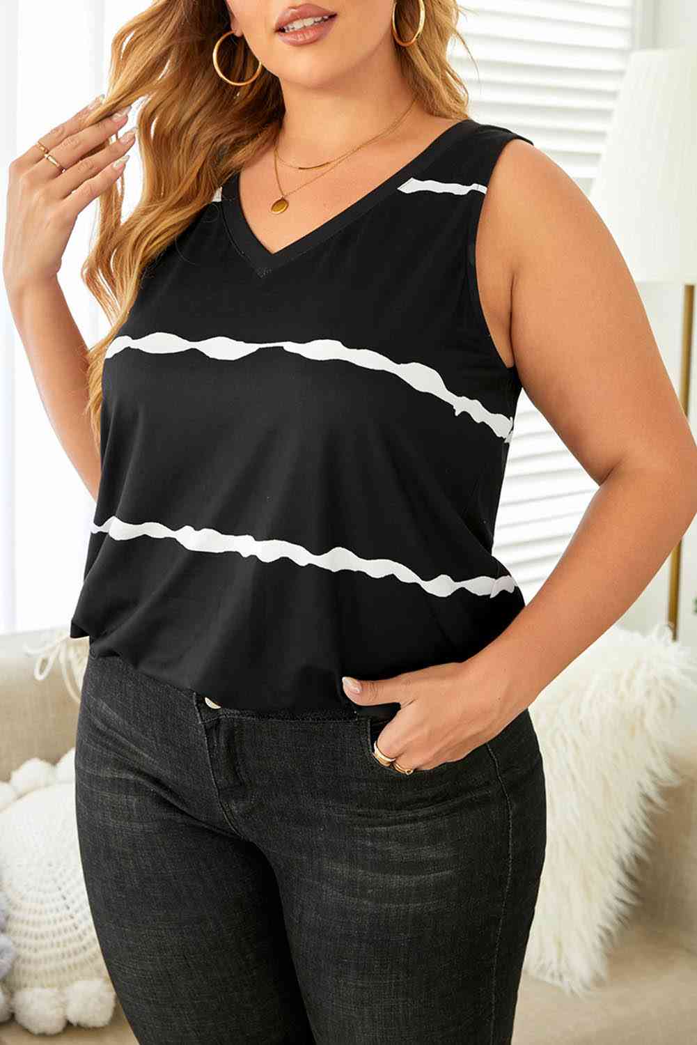 Camiseta sin mangas con cuello en V estampada de talla grande