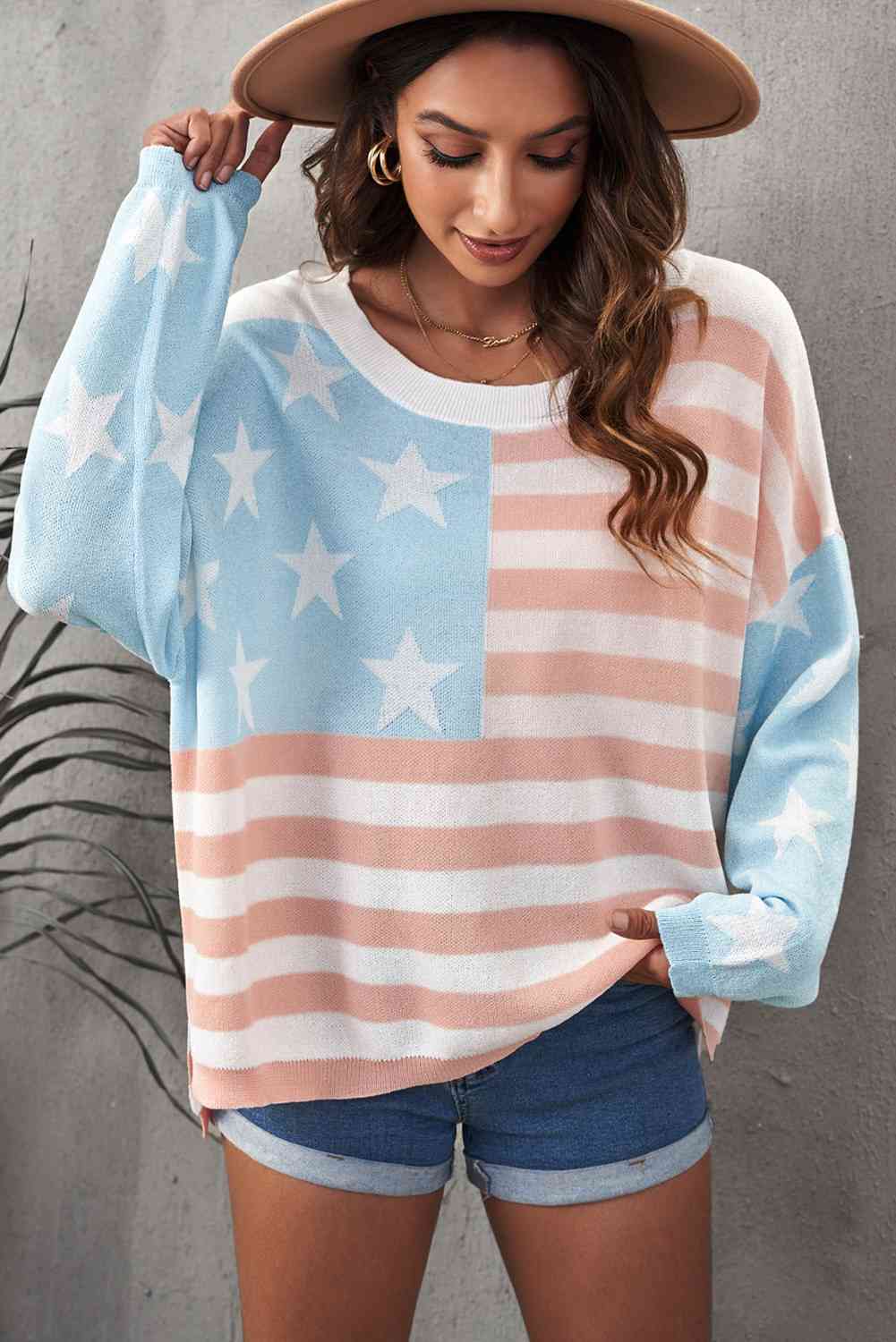 US Flag Side Slit Drop Shoulder Knit Pullover