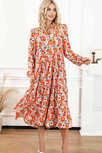 Vestido floral de manga larga con cuello con muescas