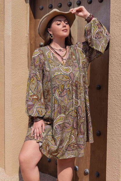 Plus Size Printed V-Neck Long Sleeve Midi Dress