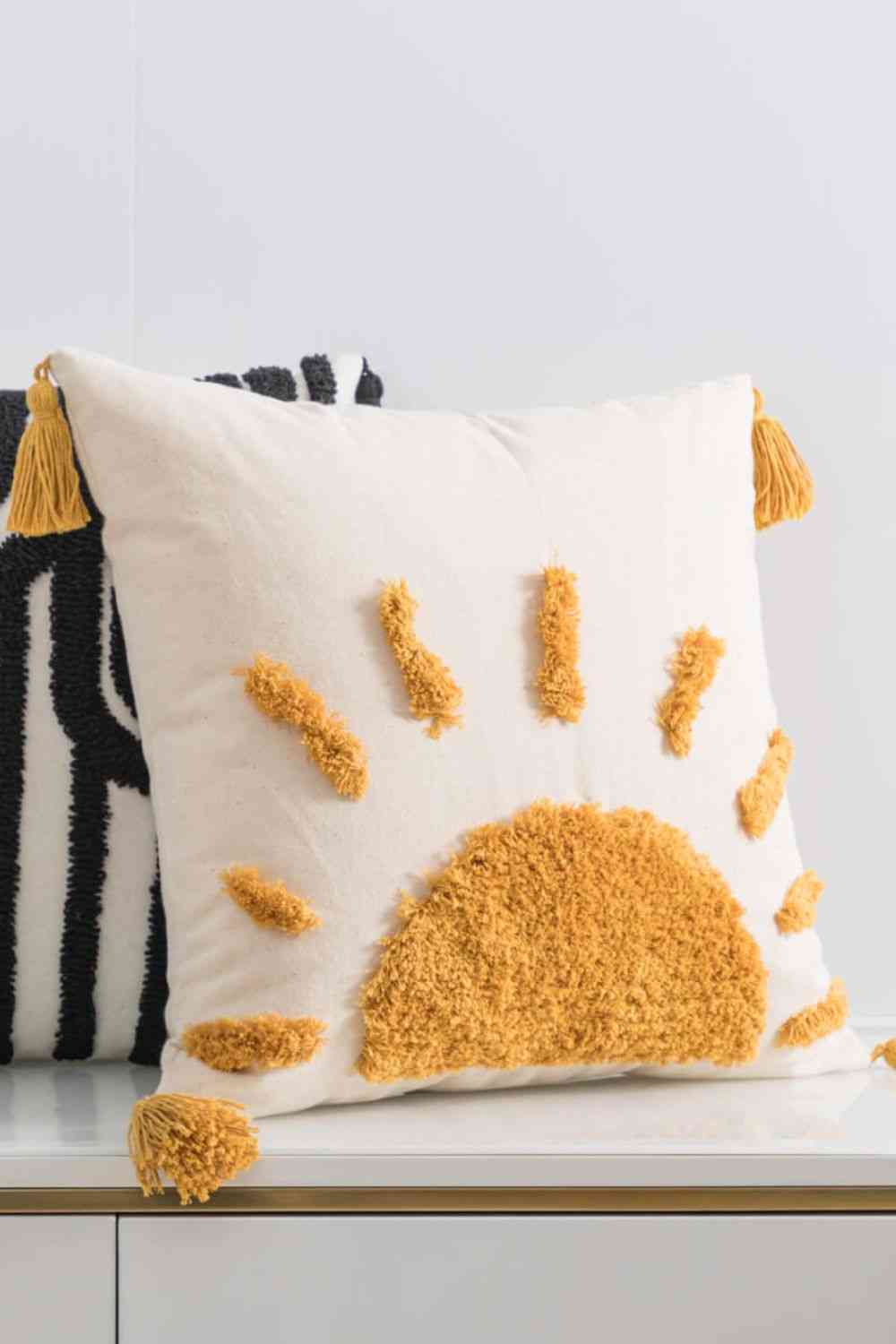 Funda de almohada decorativa con borla y gráfico de sol