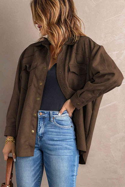 Double Take Suede Snap Front Dropped Shoulder Jacket