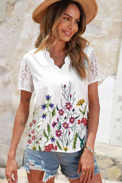 Floral Graphic Scalloped V-Neck Top