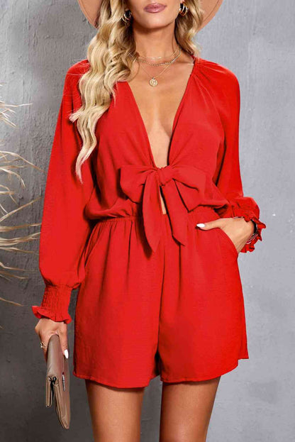 Tied Flounce Sleeve Plunge Romper