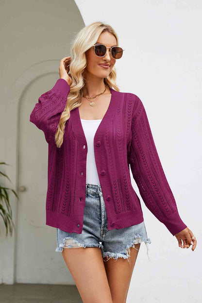 Openwork Button Front V-Neck Cardigan