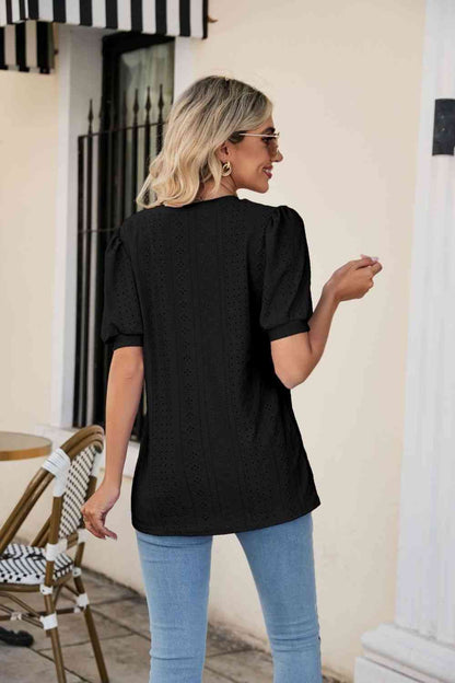 Eyelet Puff Sleeve V-Neck Top