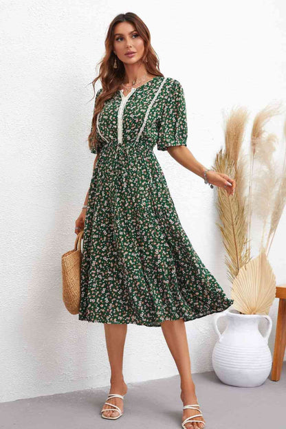 Floral Notched Neck Lace Trim Midi Dress