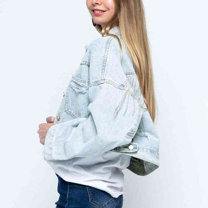 Cropped Collared Neck Dropped Shoulder Denim Jacket