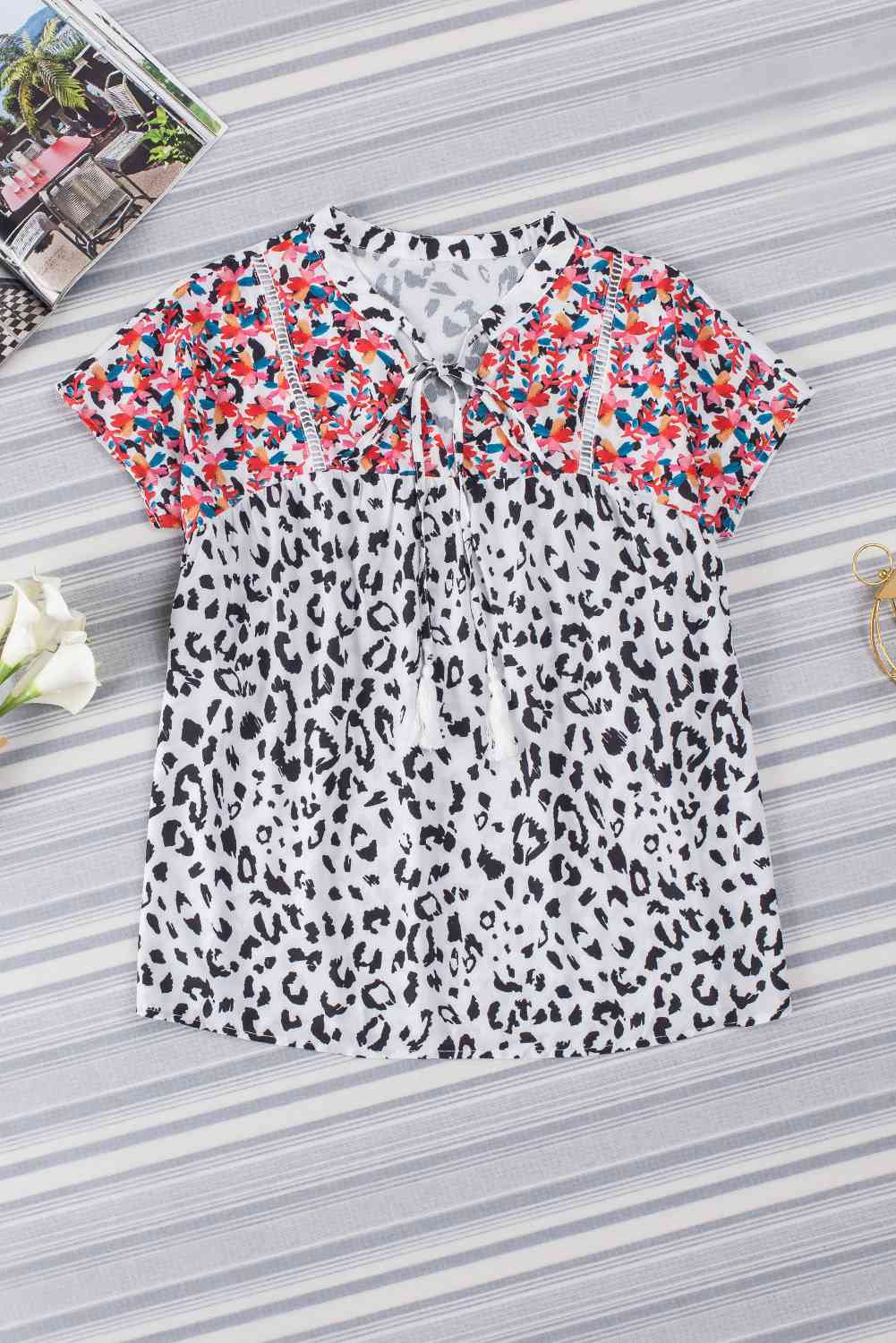 Leopard Tassel Tie Short Sleeve Top