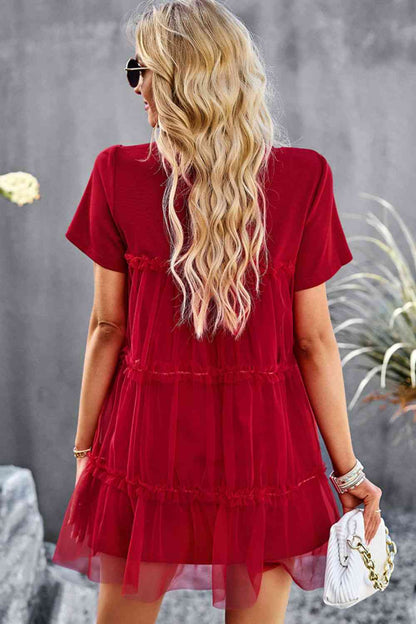 Frill Trim Spliced Mesh Mini Dress