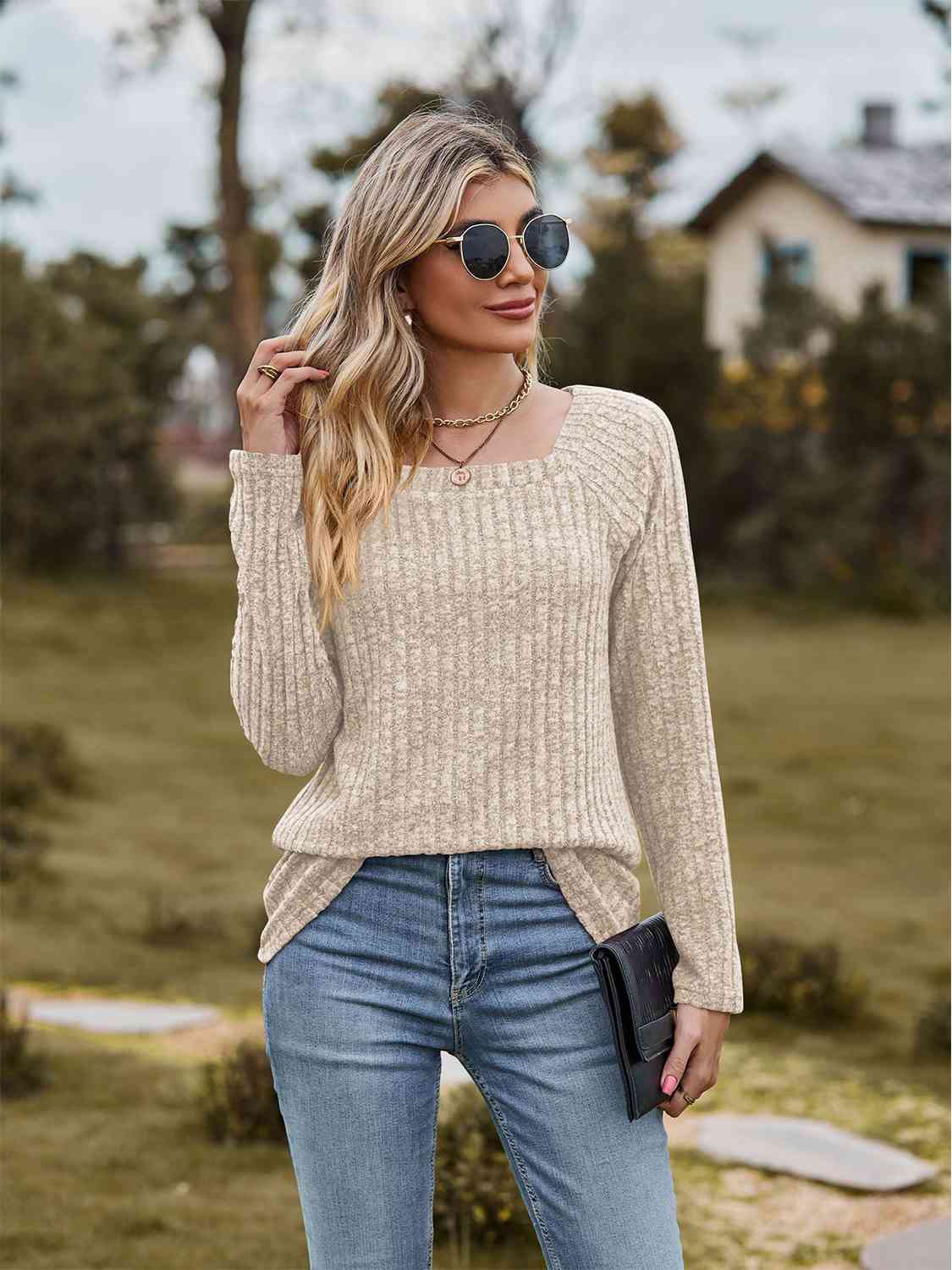 Full Size Ribbed Square Neck Long Sleeve T-Shirt