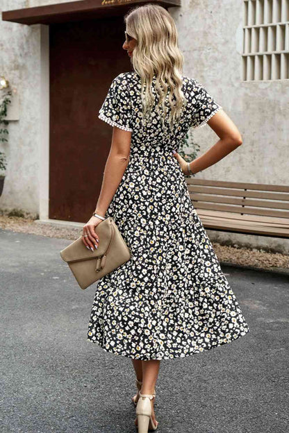 Floral Surplice Neck Tie Waist Slit Dress