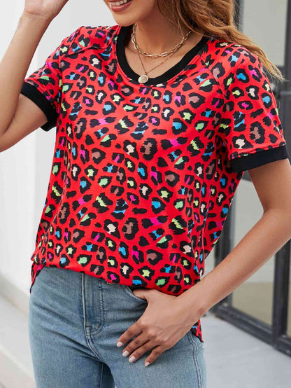 Leopard Round Neck Short Sleeve Tee Shirt