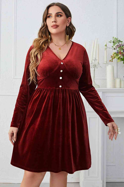 Melo Apparel Robe de Grande Taille à Col en V et Boutons Décoratifs Longueur Genou