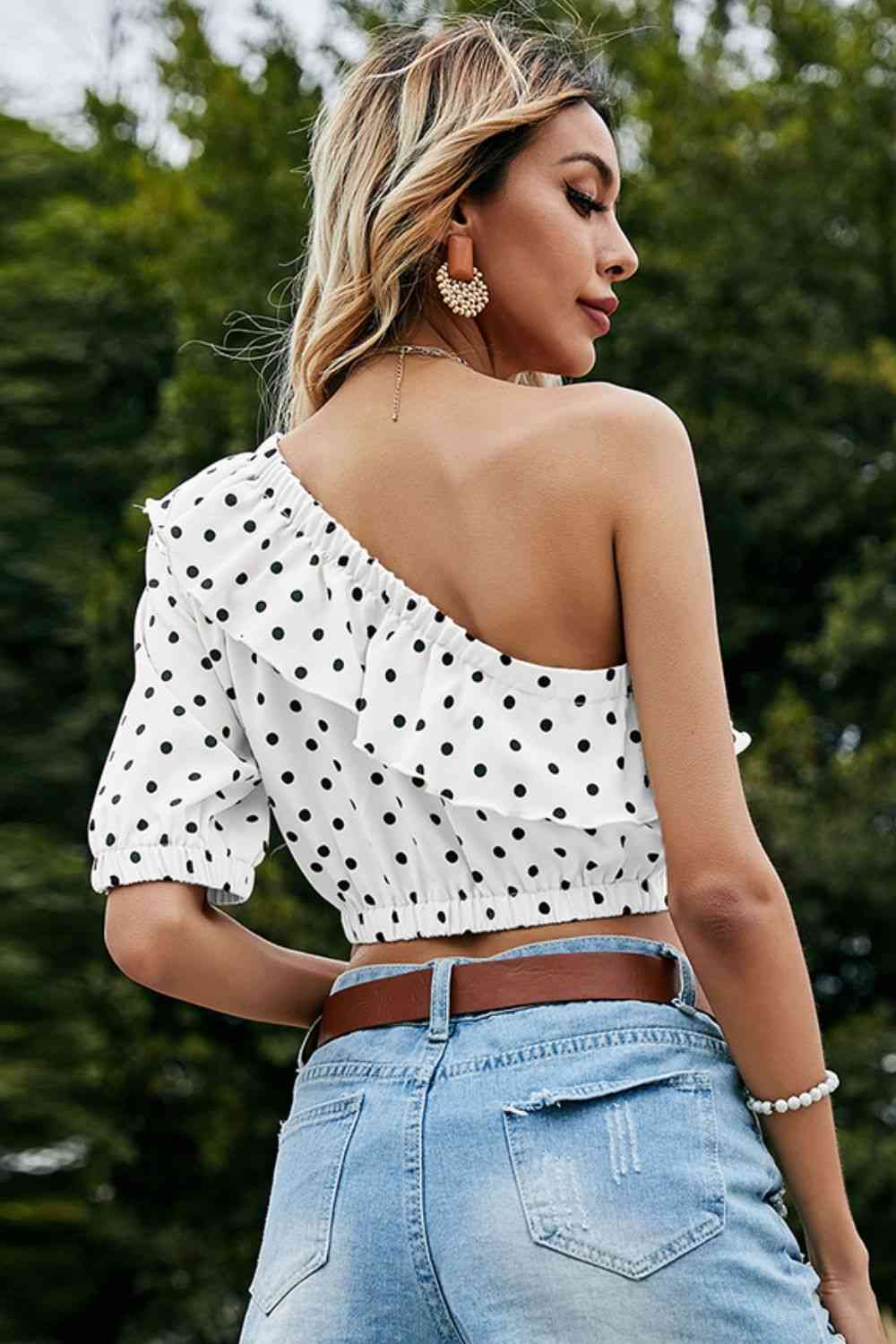 Polka Dot One-Shoulder Ruffled Crop Top