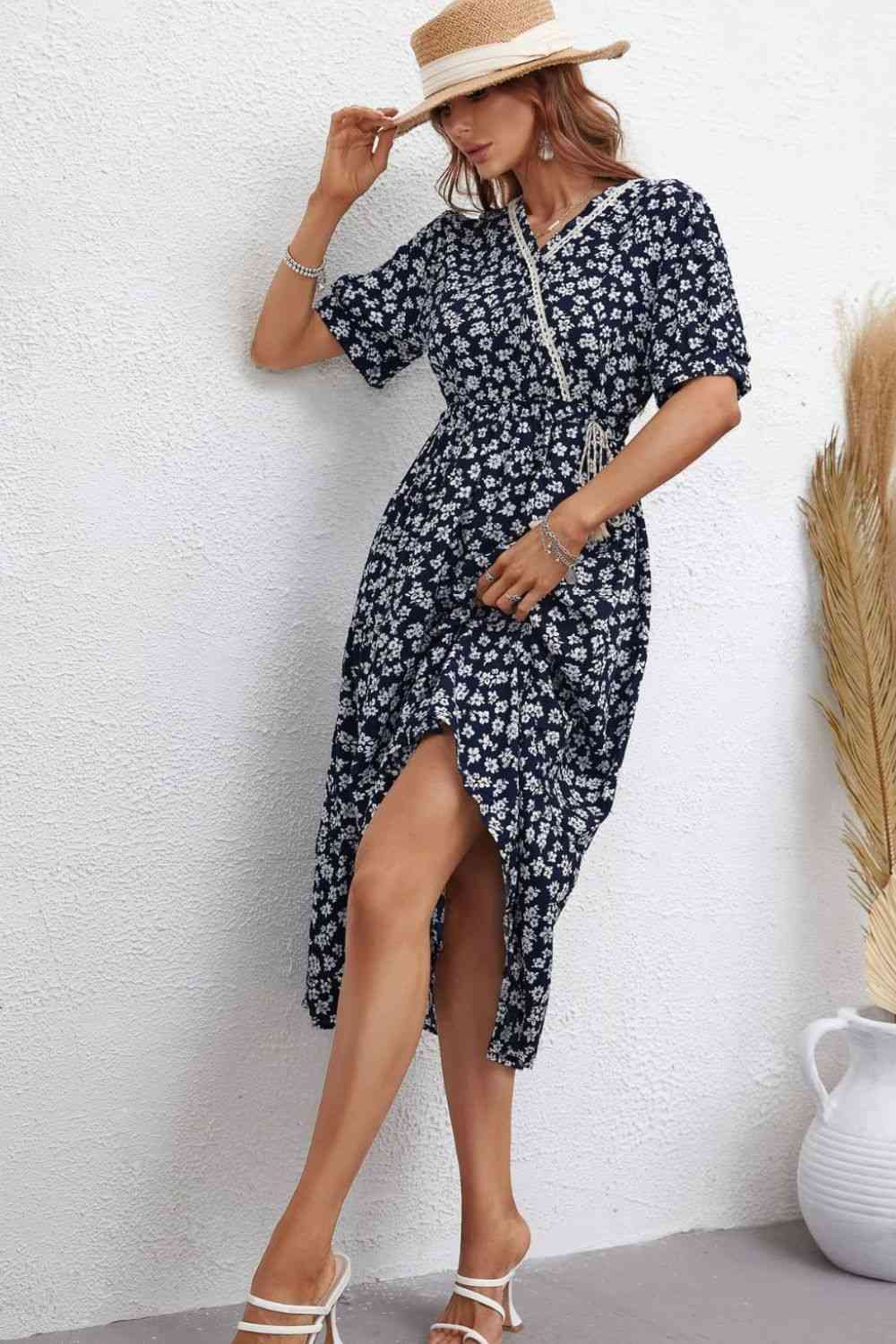 Floral Drawstring Waist Short Sleeve Midi Dress