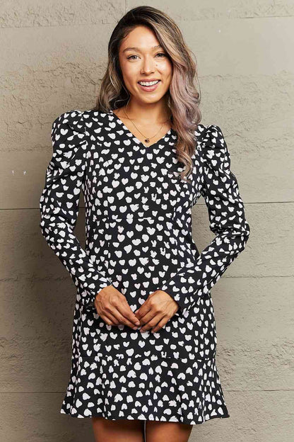 Printed V-Neck Puff Sleeve Mini Dress