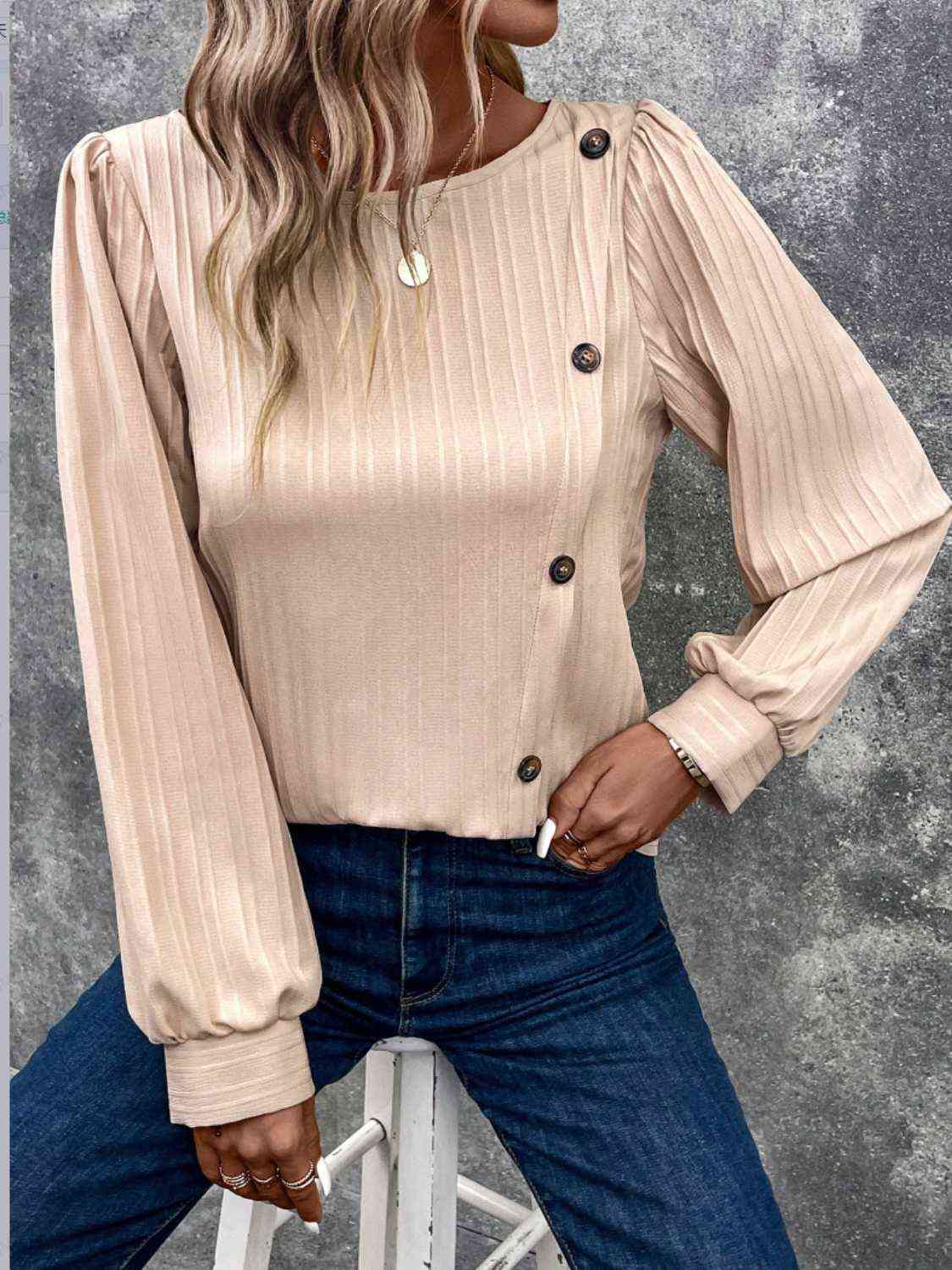 Buttoned Ribbed Puff Sleeve Top