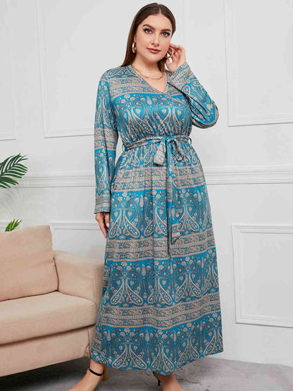 Robe Longue Nouée à Col en V de Grande Taille avec Poche