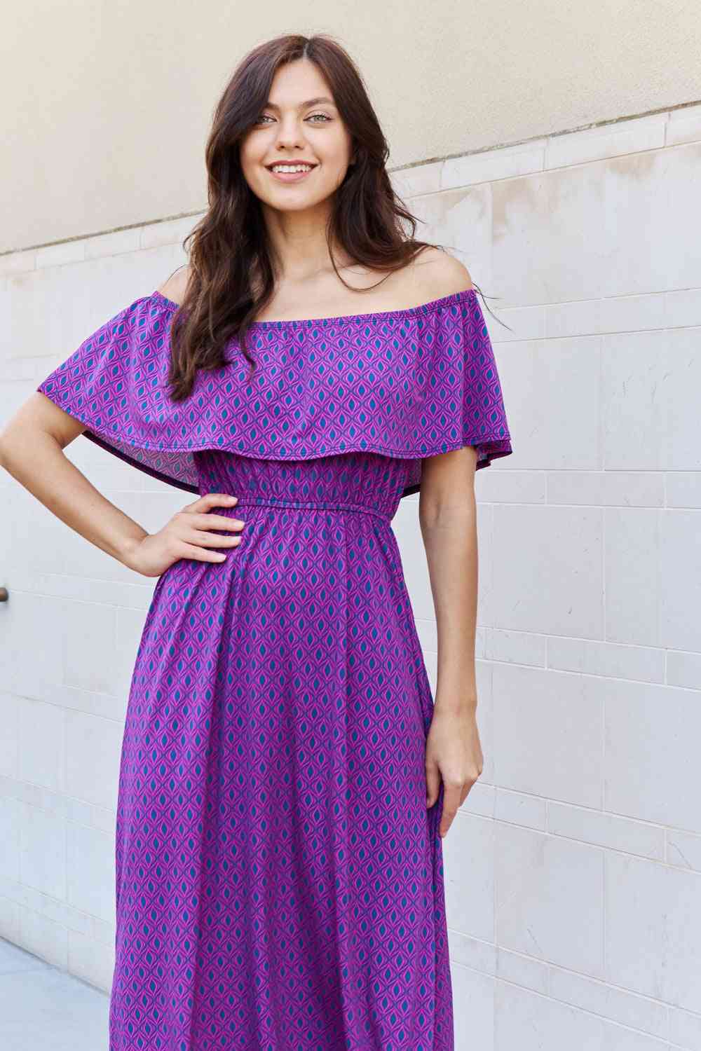 e.Luna My Best Angle Geometric Pattern Off The Shoulder Midi Dress in Purple