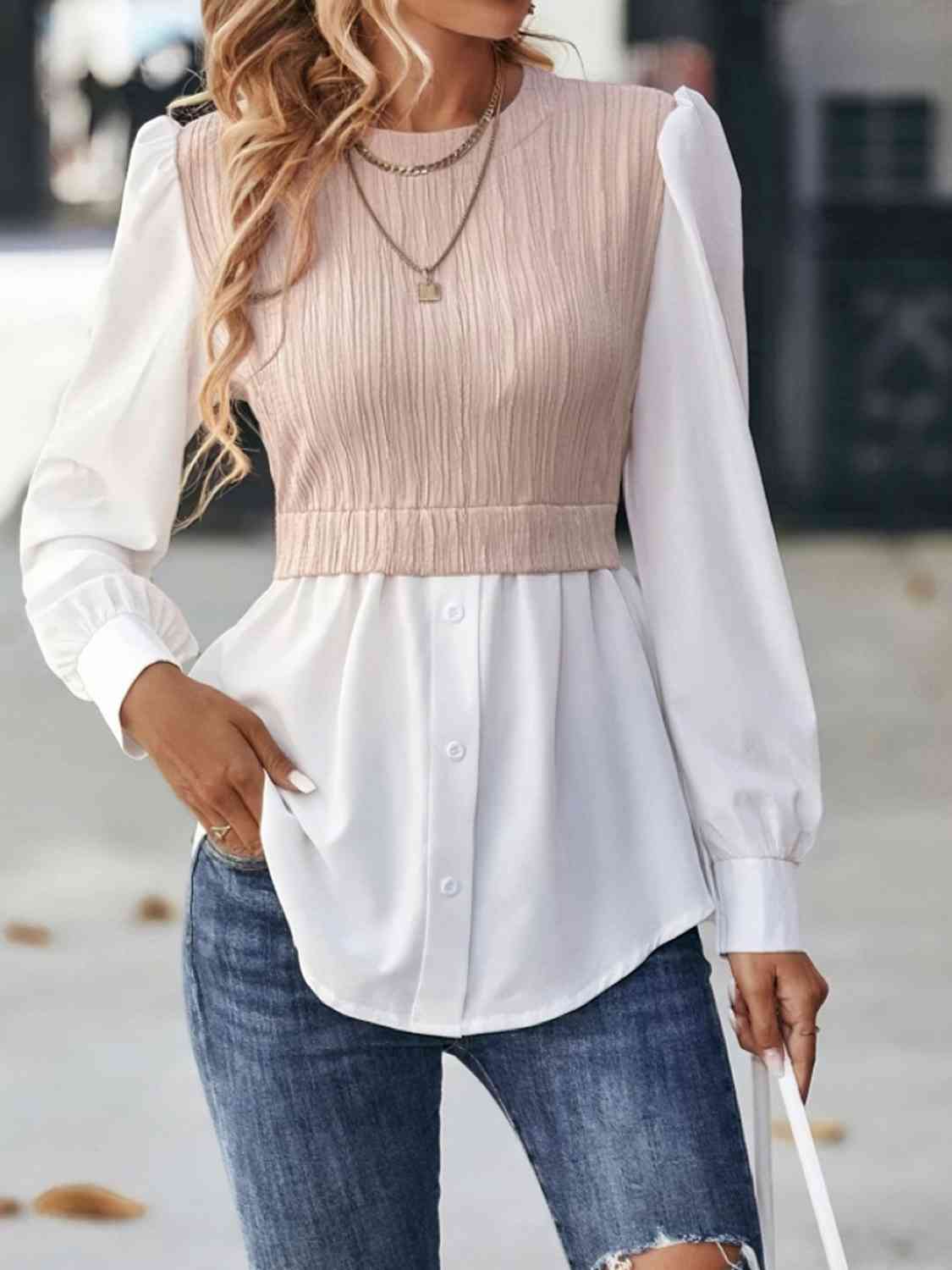 Blouse contrastée à col rond et manches bouffantes