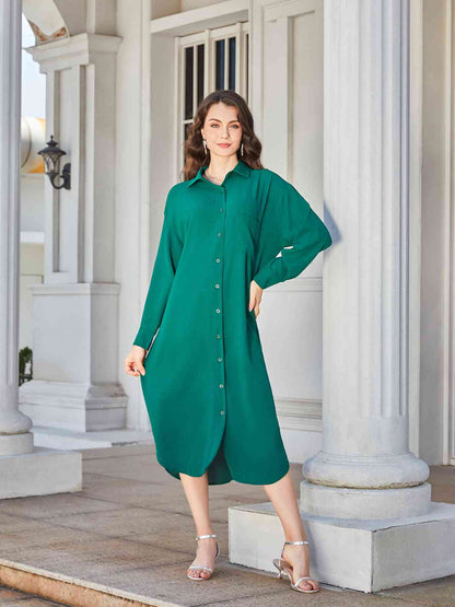 Collared Neck Long Sleeve Midi Shirt Dress