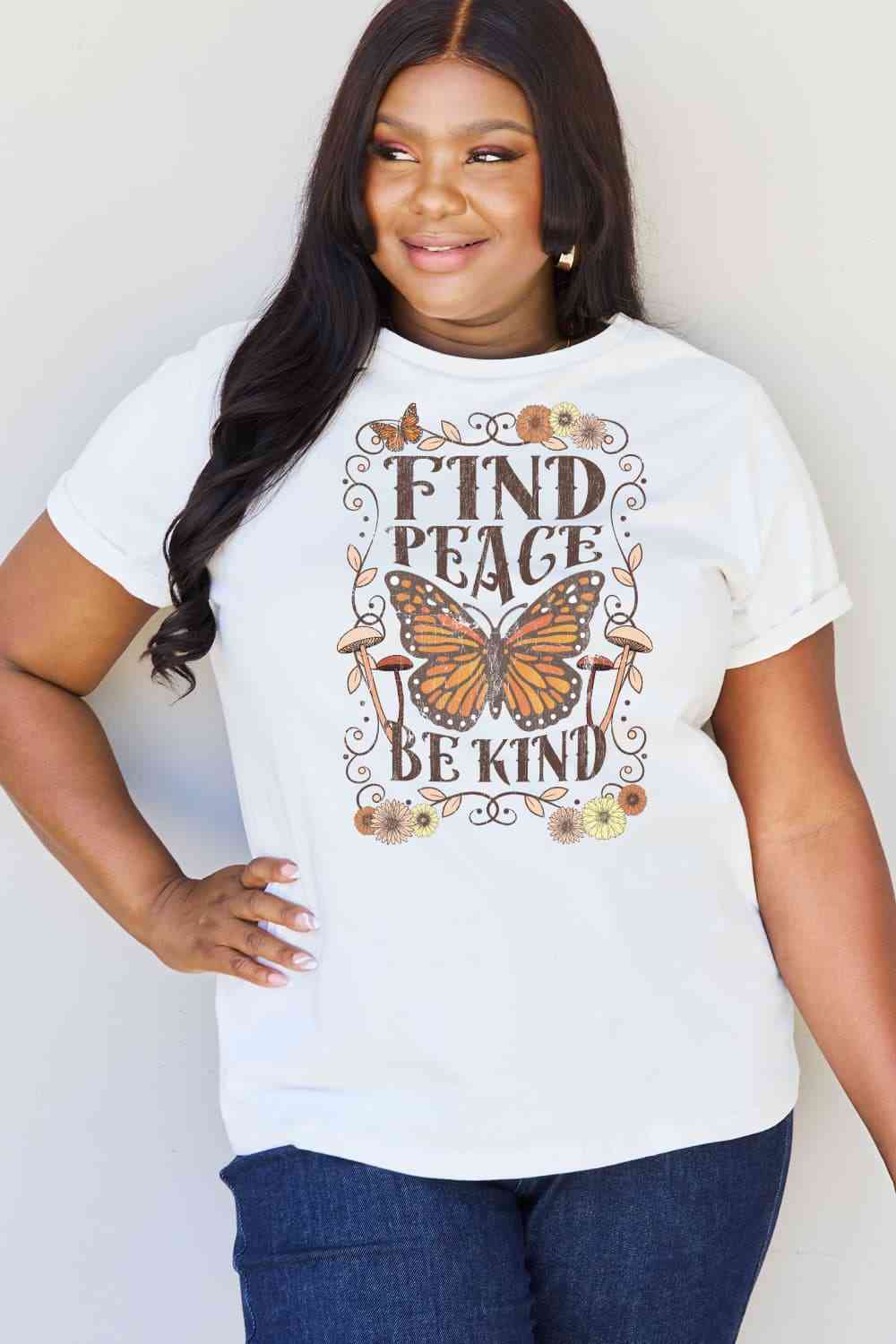 Camiseta de algodón con estampado de talla grande FIND PEACE BE KIND de Simply Love