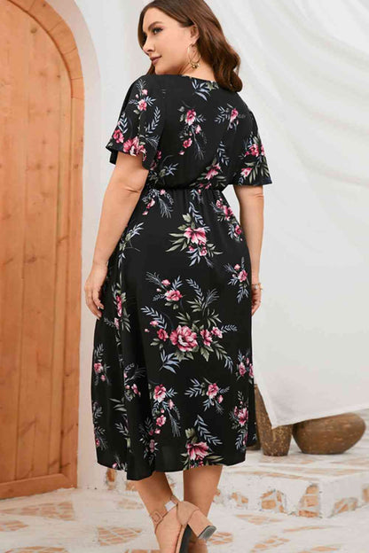 Robe Fendue Florale à Manches Courtes de Grande Taille