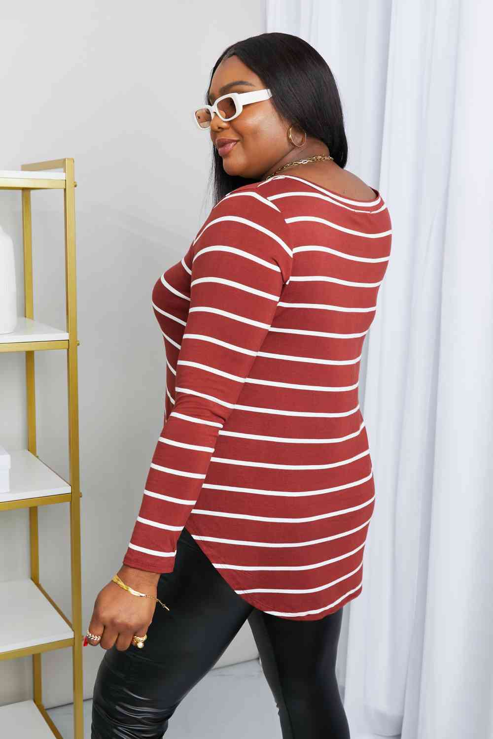 Zenana Full Size Striped V-Neck Long Sleeve Top in Dark Burgundy/Ivory