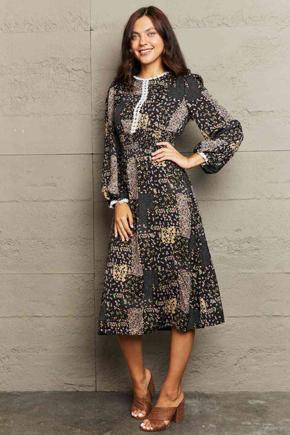 Printed Long Sleeve Round Neck Dress