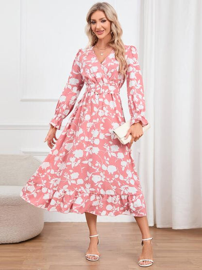 Vestido con sobrepelliz floral, manga con volante y dobladillo con volantes